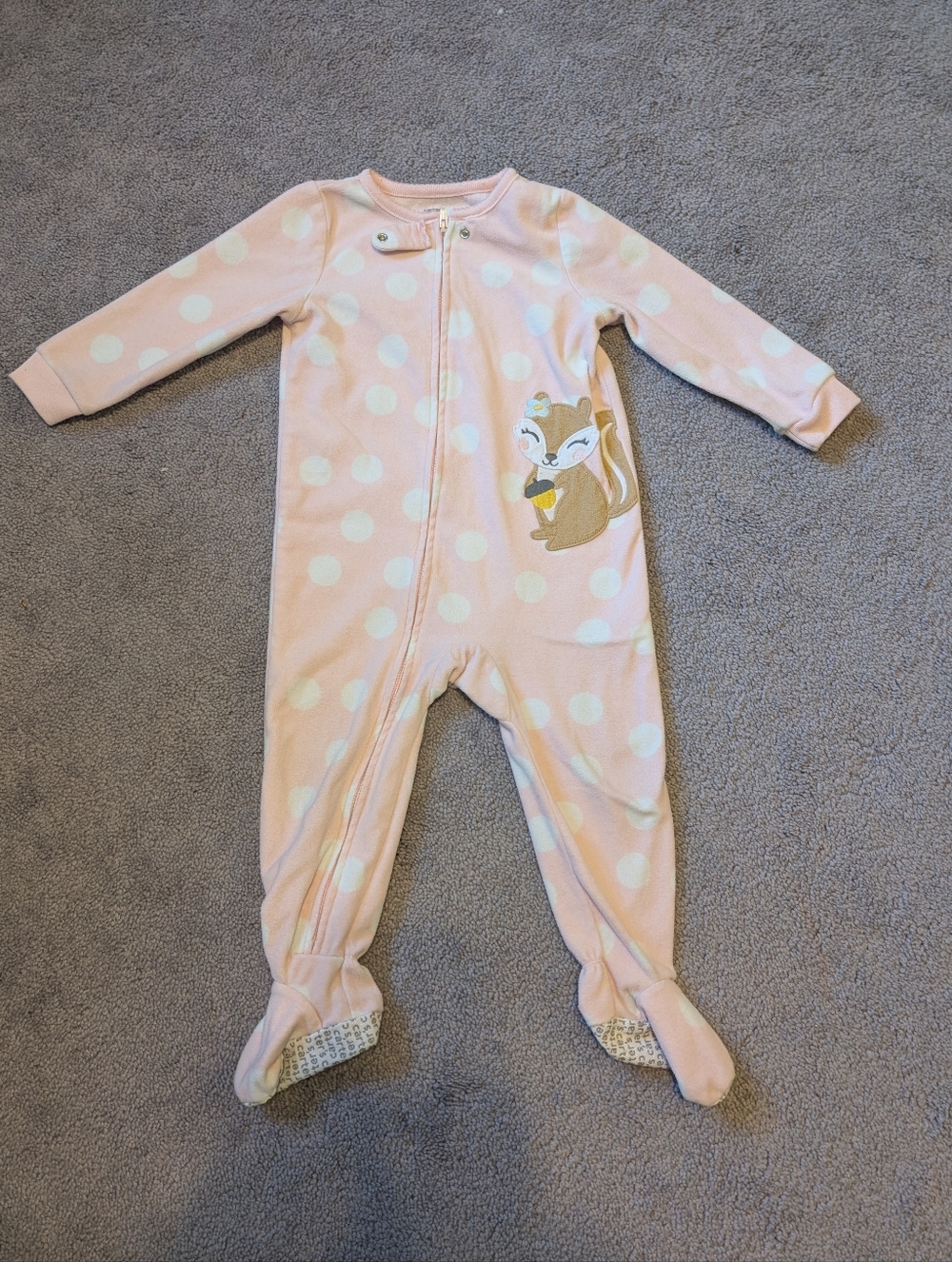 Carter's Light Pink Polka Dot Footed One-Piece Fleece Pajama with Squirrel 2T
